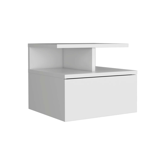 Seward Floating Nightstand with Single Drawer and 2-Tier Shelf, Wall Mounted, White Particle Board
