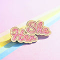 She/Her Pin (Pink Glitter)