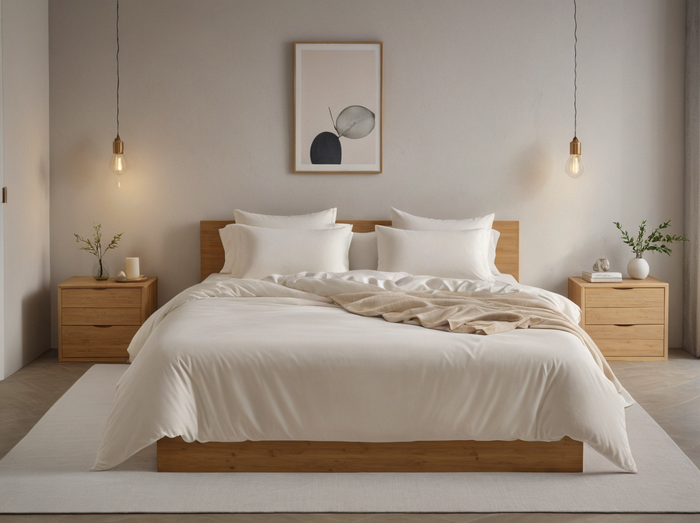 white organic bamboo bedding on a wooden platform bed in a minimalist modern bedroom with matching nightstands.