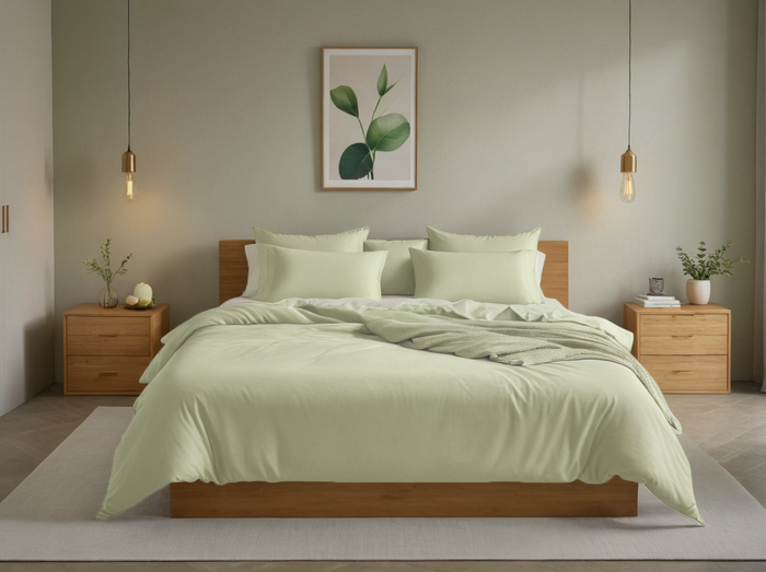green organic bamboo lyocell bedding in a minimalist modern bedroom