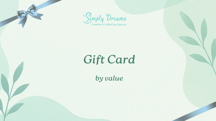 Gift card with 'Simply Dreams' branding and decorative elements on a light green background.