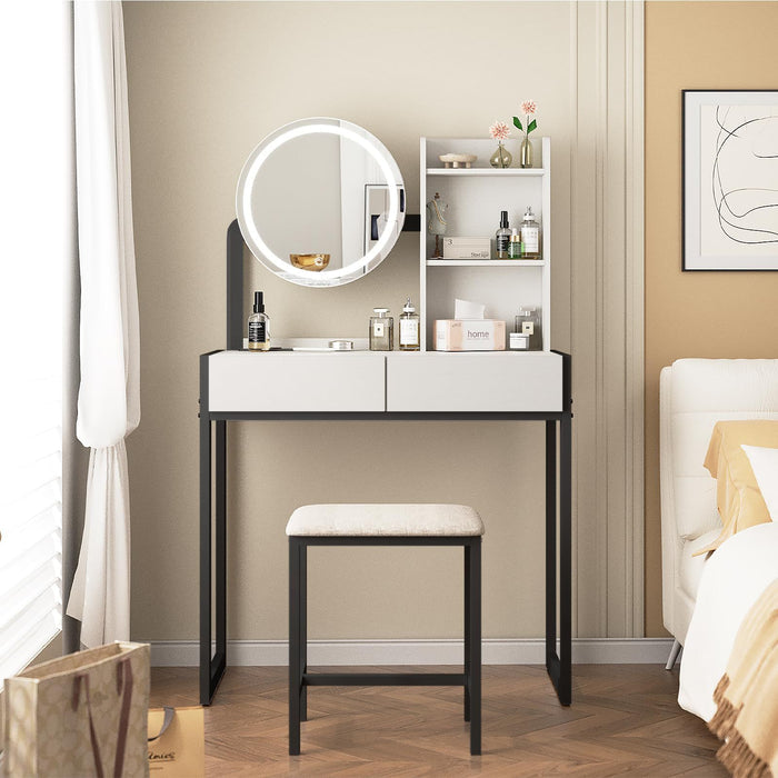 Small Vanity Desk with Mirror and Lights, Makeup Vanity Table with LED Mirror, 3 Lighting Modes, Power Outlet, Drawer, Open Shelves and Cushioned Stool for Bedroom (White and Black)