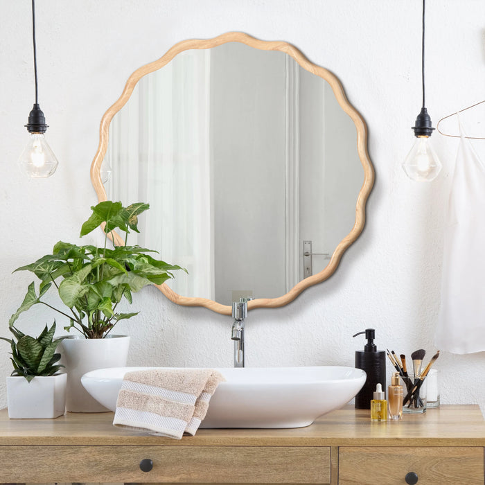 Solid Wood Wavy Mirror--Natural-Wood Vanity Mirror Wall Decor 31' x 31' Modern Mirror Wall Decor for Bathroom, Bedroom, Living Room, Dining Room, Cloakroom, Entryway