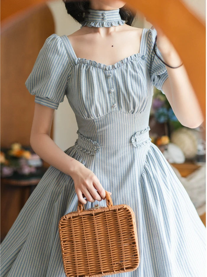 Summer Linen Striped Onepiece Dress