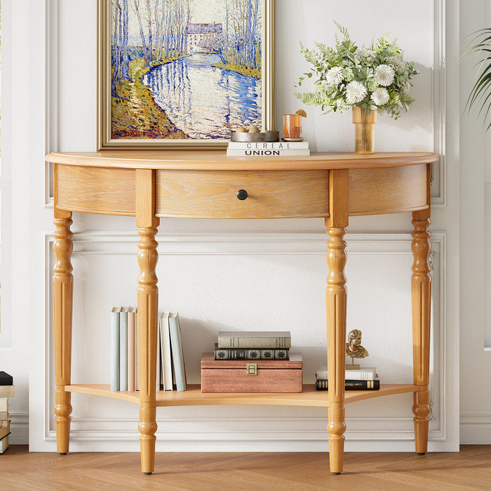 TREXM Farmhouse Half Moon Console Table with Drawer & Shelf - Rustic Accent Table, Sofa Table for Entryway, Living Room, Hallway and Foyer (Natural)