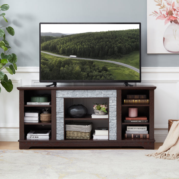 TV Media Stand with with Faux Stacked Stone Surround, Modern Entertainment Console with Open Storage Space, Cherry, 58.31'W*15.39'D*26.06'H