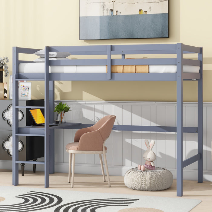 Twin High Loft Bed, Rubber Wood  Loft Bed with Safety Guardrail, built-in desk, ladder,Grey
