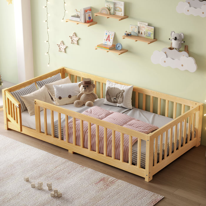 Twin Size Bed Floor Bed with Safety Guardrails and Door for Kids, Natural(Old SKU: W1580P154623)