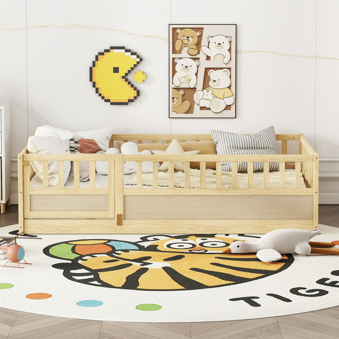 Twin Size Floor bed, integral construction with super high security barrier, door, children's floor bed frame, Montessori wooden children's floor bed, Support  slat Natural Wood(Patented model)
