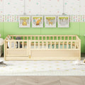 Twin Size Floor bed, integral construction with super high security barrier, door, children's floor bed frame, Montessori wooden children's floor bed,Natural Wood(Patented model)