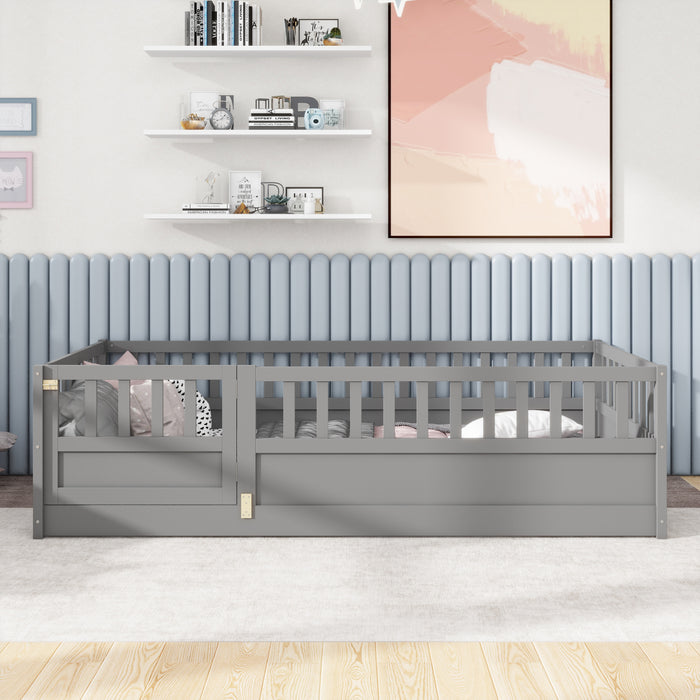 Twin Size Floor bed, integral construction with super high security barrier, door, children's floor bed frame, Montessori wooden children's floor bed,  Grey(Patented model)