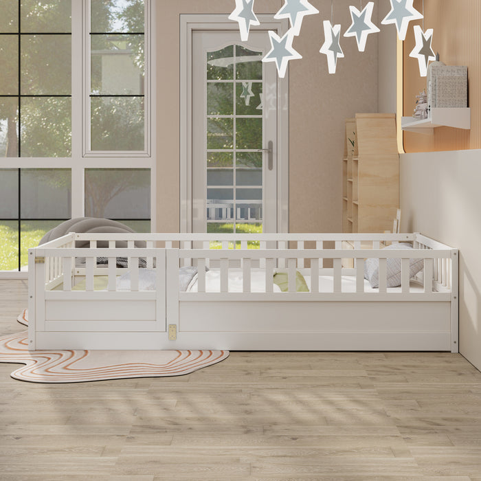 Twin Size Floor bed, integral construction with super high security barrier, door, children's floor bed frame, Montessori wooden children's floor bed, Support slat white(Patented model)