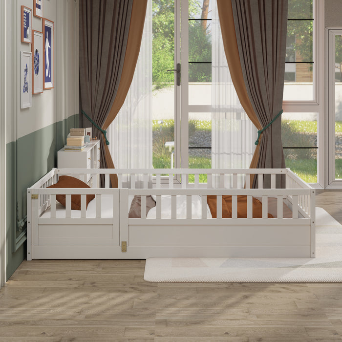 Twin Size Floor bed, integral construction with super high security barrier, door, children's floor bed frame, Montessori wooden children's floor bed, white(Patented model)
