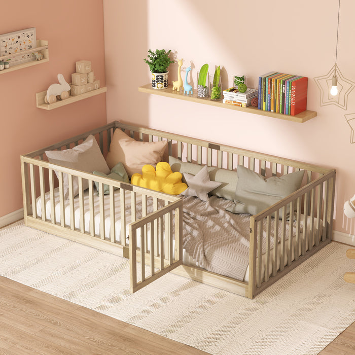 Twin Size Floor Bed with High Fence Railings, with Door, Rubber Wood Floor Bed with Safety Guardrails,Natural
