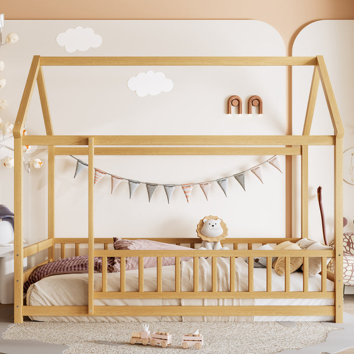 Twin Size Floor Wooden Bed with House Roof Frame, Fence Guardrails,Natural