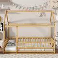 Twin Size House Floor Wooden Bed with Roof Frame,Safety Guardrails,Natural