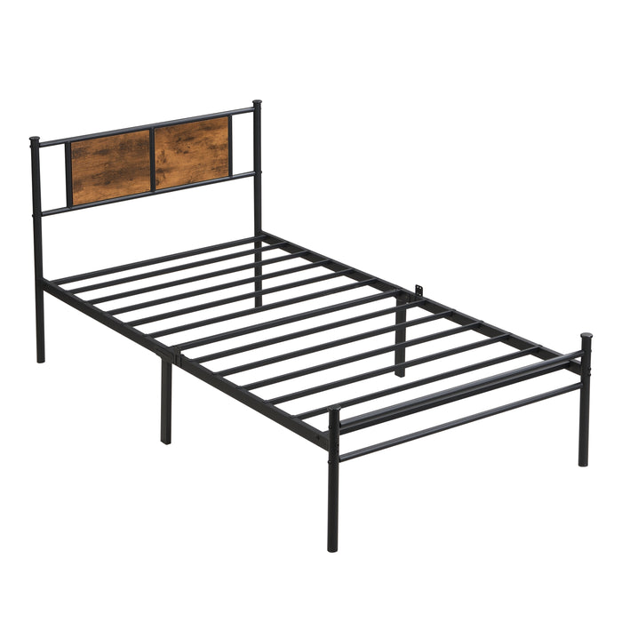 Twin Size Metal Bed Frame with Wood Panel Headboard in Black and Brown, Steel Construction