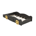 Twin Size Race Car-Shaped Platform Bed with Wheels and Storage in Black+Yellow, Solid Wood+MDF