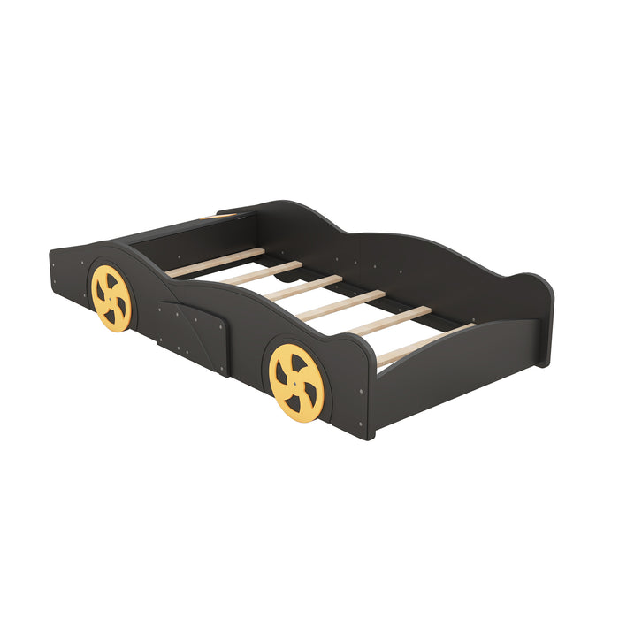 Twin Size Race Car-Shaped Platform Bed with Wheels and Storage in Black+Yellow, Solid Wood+MDF