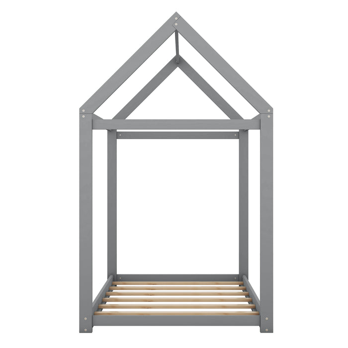 Twin Size Wooden House Bed in Gray with Pine and MDF Construction, 78.3''L x 40''W x 70.3''H