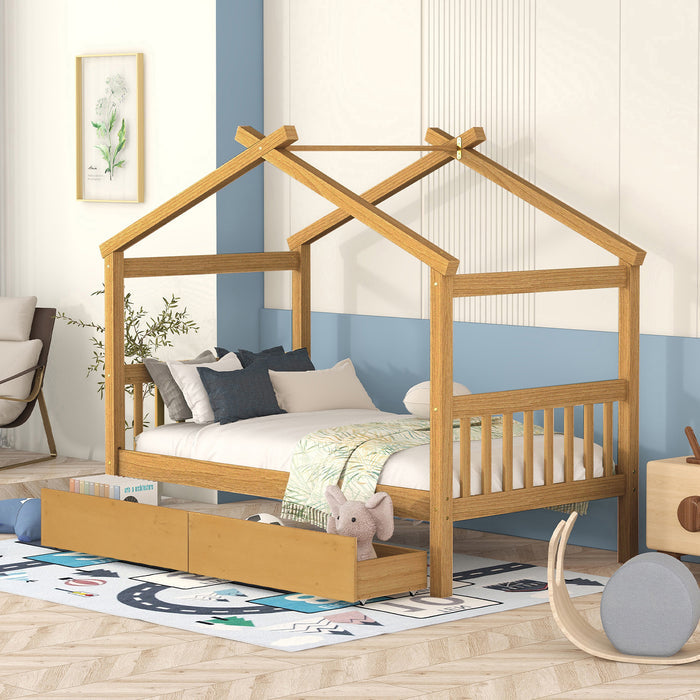 Twin Size Wooden House Bed with Drawers, Natural(OLD SKU: WF300799AAN)