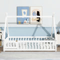 Twin Tent-shaped Floor Bed,Teepee Bed with Guardrails,Slats and Door,White