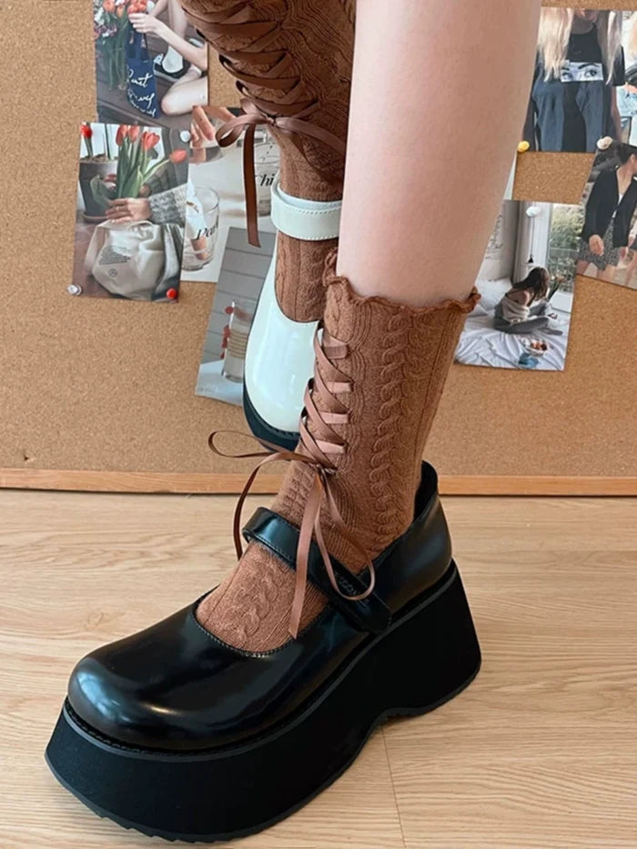 Twist Pattern Lace Up Crew Socks