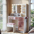 Vanity Desk with Glass Top and 11 Hollywood Bulbs, 3 Color Lighting Modes, Makeup Vanity with Pink Finish Drawers & Shelves, White Vanity Table with Stool for Bedroom