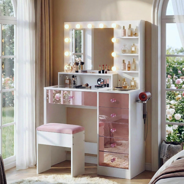 Vanity Desk with Glass Top and 11 Hollywood Bulbs, 3 Color Lighting Modes, Makeup Vanity with Pink Finish Drawers & Shelves, White Vanity Table with Stool for Bedroom
