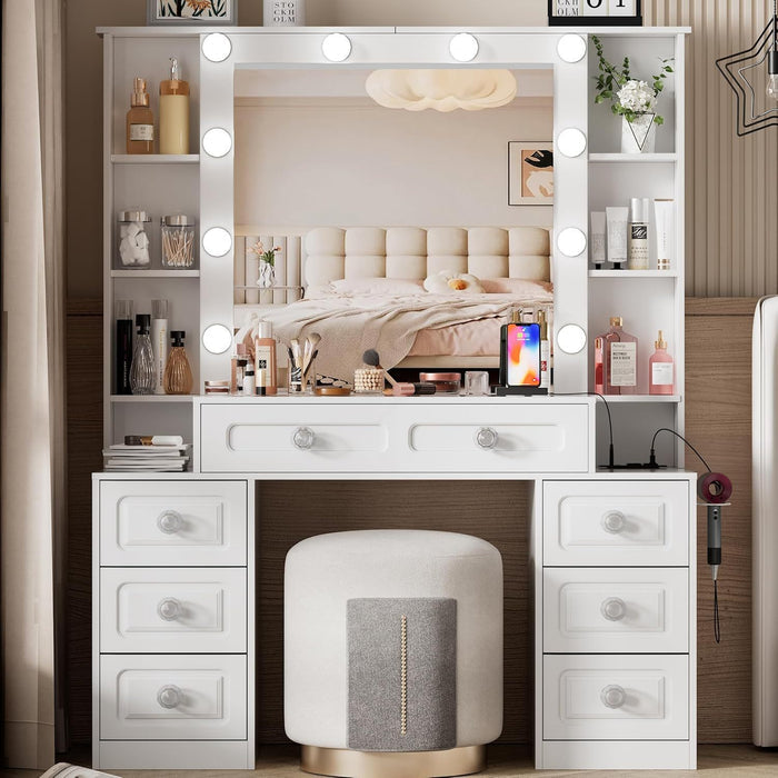 Vanity Desk with with Mirror and Lights,Makeup Vanity Table wwith Lighted Mirror & Charging Station, 
Vanity Desk Dresser