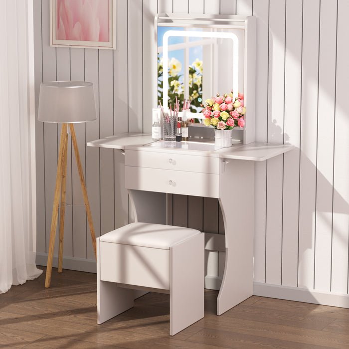 Vanity Set for Small Bedrooms - Small Space Makeup Vanity with Stool, Compartmentalized Drawers & 20cm Foldable Side Tables (Left and Right)