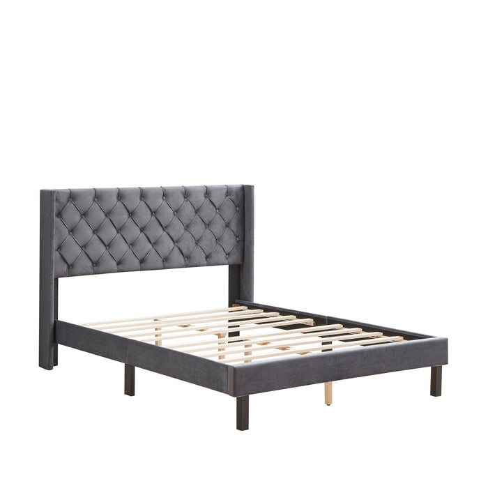 Velvet Button Tufted-Upholstered Queen Platform Bed with Wings Design - Strong Wood Slat Support - Gray