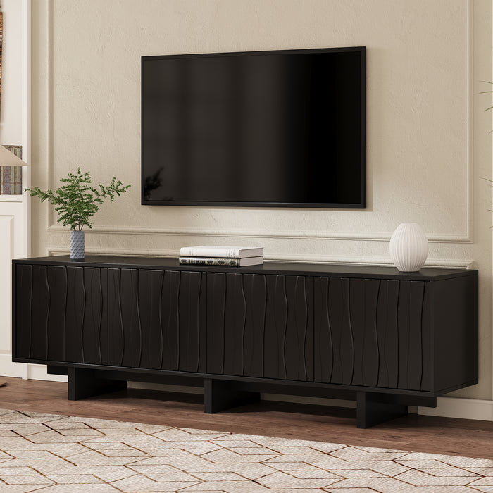 [Video Provided] Retro Style Wood Grain TV Stand with Wavy Door for TVs up to 75', Rustic Media Console with Ample Storage Space, Sturdy Base TV Cabinet with Cable Management for Living Room, Black