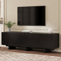 [Video Provided] Retro Style Wood Grain TV Stand with Wavy Door for TVs up to 75', Rustic Media Console with Ample Storage Space, Sturdy Base TV Cabinet with Cable Management for Living Room, Black