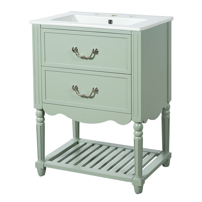 Vintage Elegant Wave Design 24'' Bathroom Vanity with Ceramic Sink, MDF & Solid Wood Cabinet, Two Drawers, Open Shelf