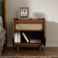 Walnut Nightstand with Rattan Detail, MDF + Solid Wood, Modern Bedroom Storage, Open Shelf & Drawer, Indoor Furniture