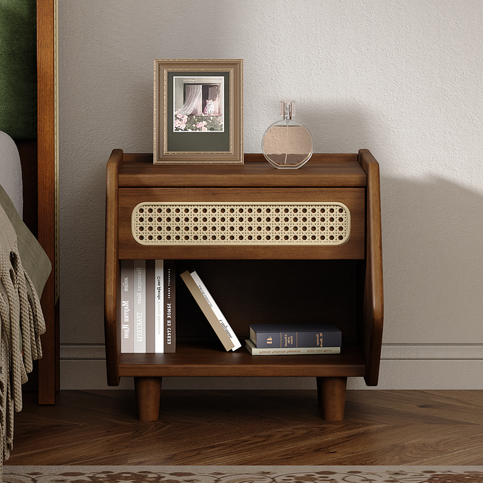 Walnut Nightstand with Rattan Detail, MDF + Solid Wood, Modern Bedroom Storage, Open Shelf & Drawer, Indoor Furniture