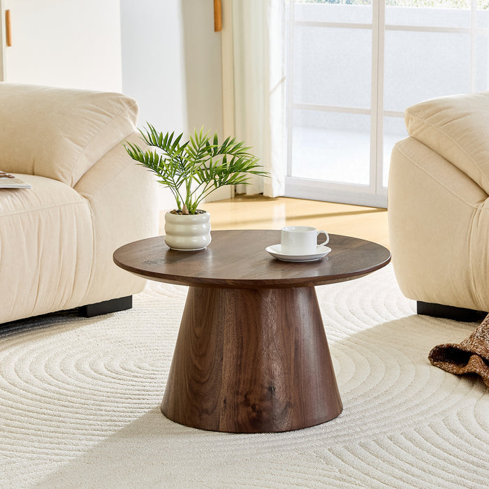Walnut wood grain medium density fiberboard circular coffee table - diameter 23.6 inches, height 13.7 inches walnut wood grain veneer, exquisite texture, flexible adaptation to circular tabletop.