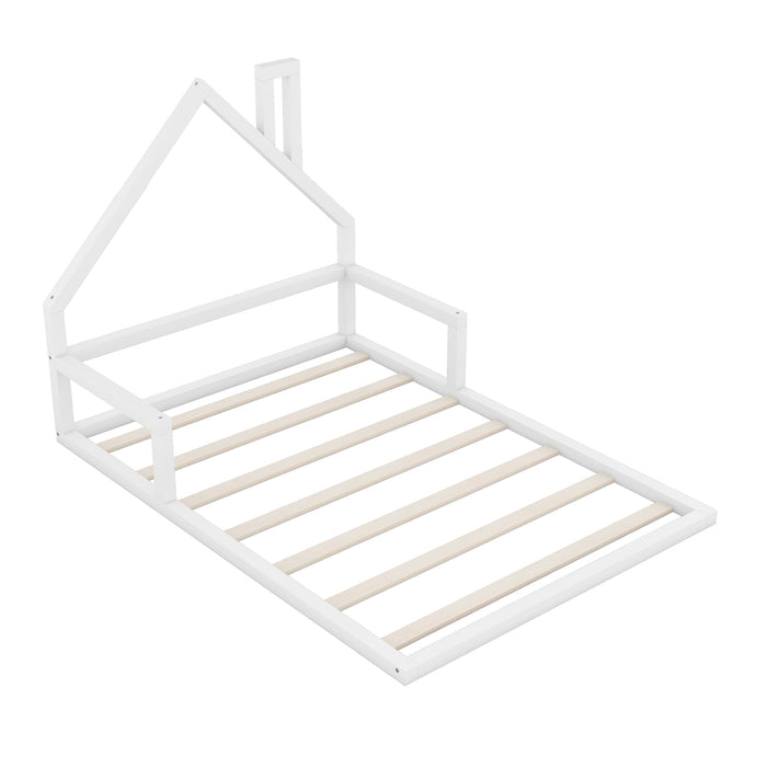 White Full Size Wood Floor Bed with House-shaped Headboard, Solid Pine Wood+MDF