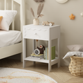 White Nightstand with Drawer and Open Shelf, Modern Wave Pattern Bedside Table, Solid Wood Frame End Table for Bedroom, Living Room, Small Spaces