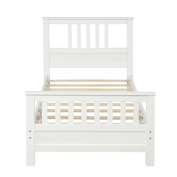 White Pine Wood Platform Bed with Paneled Headboard and Footboard, Twin Size, Solid Wood Frame with 10 Slats