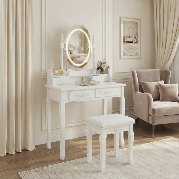 White Princess Vanity Desk Set with Mirror & Cushioned Stool,Light Modes,4-Drawer Wooden Makeup Vanity Table for Girls' Bedroom, Dressing Table with Ample Storage