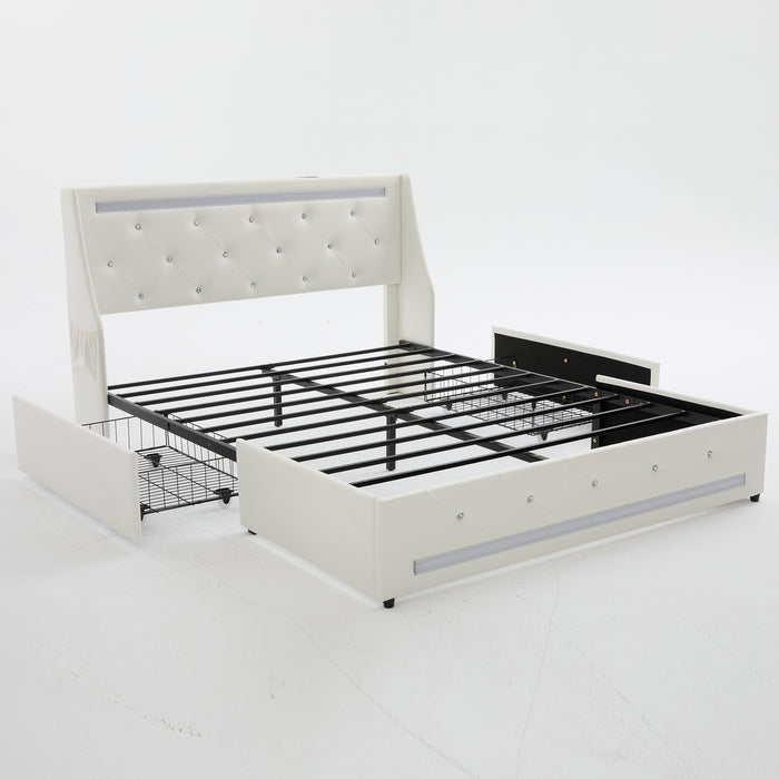 White Queen Size Bed Frame with Wingback Upholstered Diamond Headboard, 2 Storage Drawers, LED Lights, Charging Station, Metal Slats, Noise-Free, Easy Assembly, No Box Spring Needed