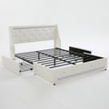 White Queen Size Bed Frame with Wingback Upholstered Diamond Headboard, 2 Storage Drawers, LED Lights, Charging Station, Metal Slats, Noise-Free, Easy Assembly, No Box Spring Needed