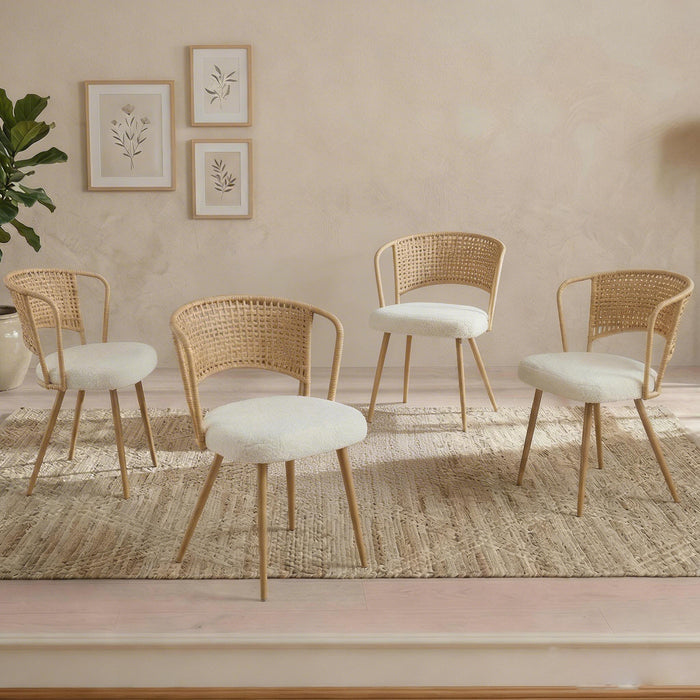 Wicker dining chairs - 4-piece set - Farmhouse soft padded cane back kitchen chair with sponge cushion, wing-back dining chair with metal legs, suitable for home and kitchen (brown)