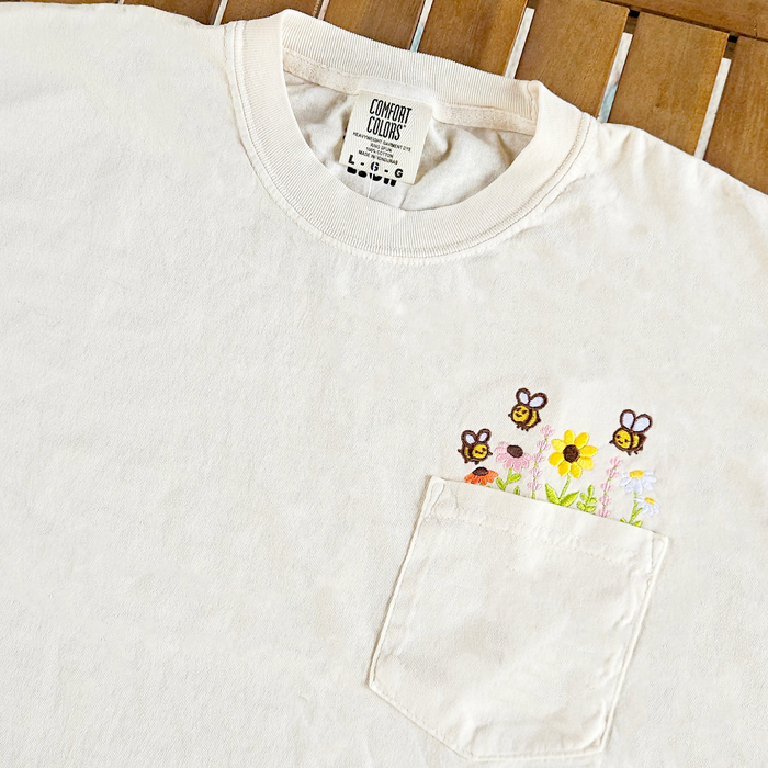 Wildflowers and Bees Pollinator Garden Embroidered Pocket T-Shirt