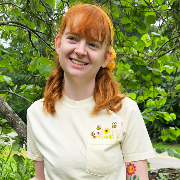 Wildflowers and Bees Pollinator Garden Embroidered Pocket T-Shirt