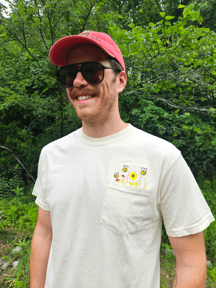 Wildflowers and Bees Pollinator Garden Embroidered Pocket T-Shirt
