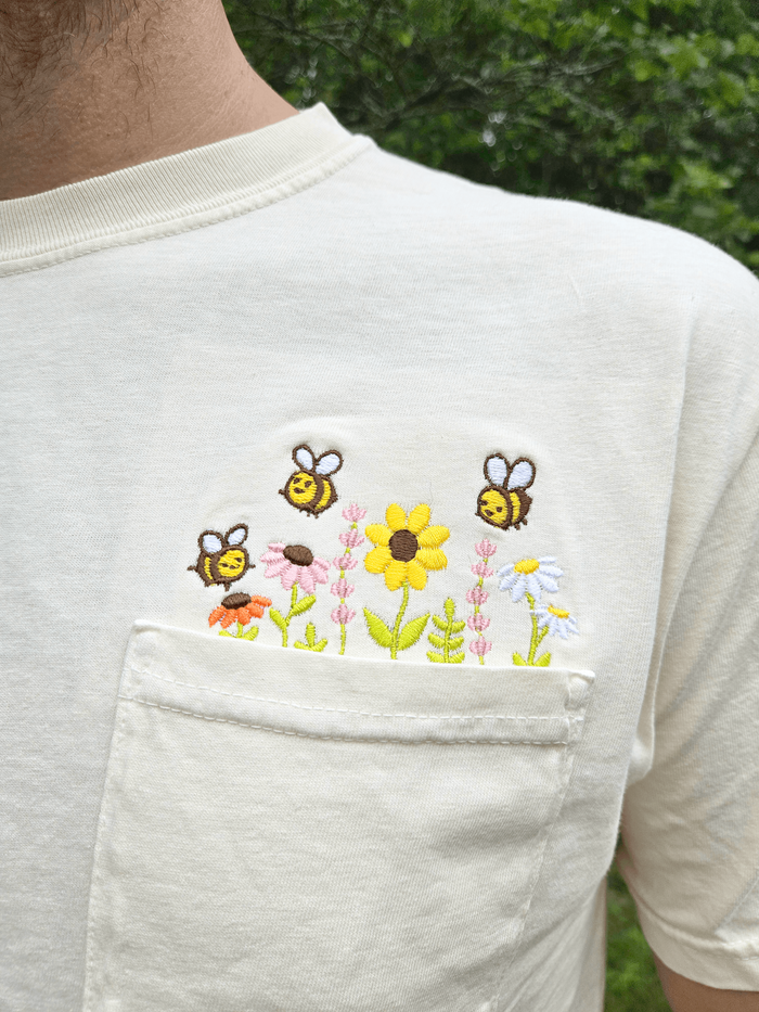 Wildflowers and Bees Pollinator Garden Embroidered Pocket T-Shirt
