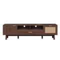 Wood Fashionable TV Stand for 75' TVs with Soft-Closing Doors, Dark Brown Modern Console with Rattan Accents and Drop-Down Cabinet, Solid Wood and MDF Construction
